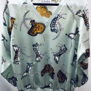 BLOUSE SILK EQUESTRIAN SEA-FOAM 1 SIZE V-NECK